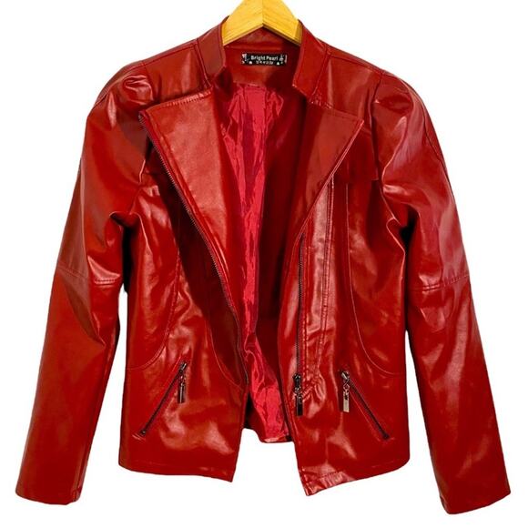 Bright Pearl Red Faux Leather Moto Jacket, Size Small 4/6* Please See Below - Picture 2 of 14